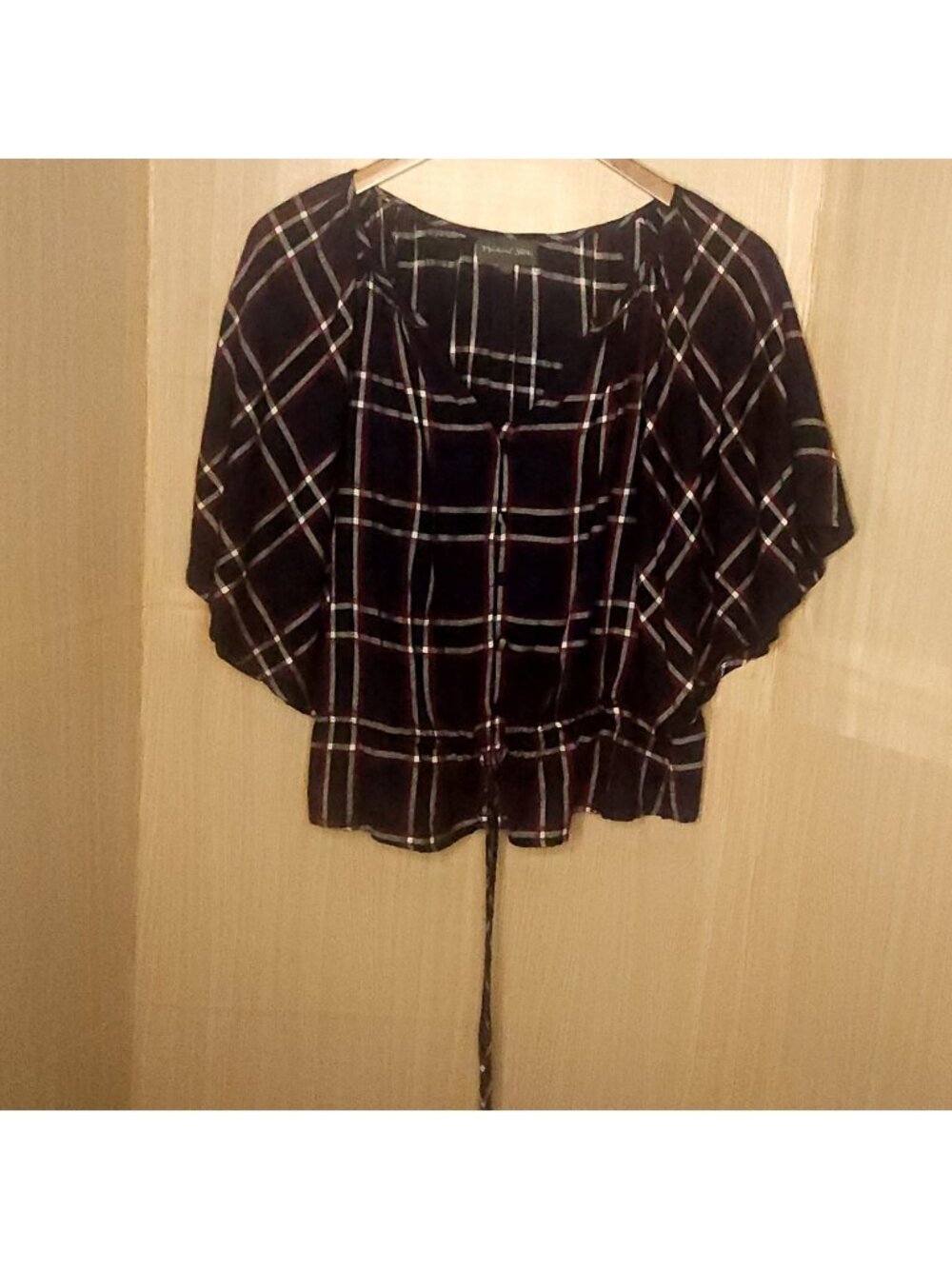 Michael Stars Womens Navy Blue Plaid Bell Short Sleeve Oversized Blouse XS